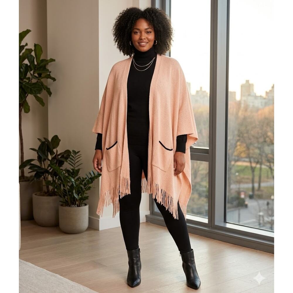 Zoe Madison Blush Pink Open Front Kimono Ruana Faux Leather Pockets One Size